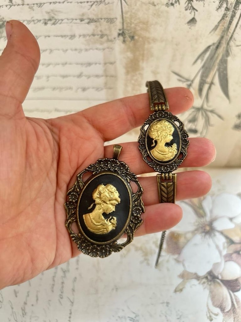 siyah altın Vintage Cameo takı seti - 16
