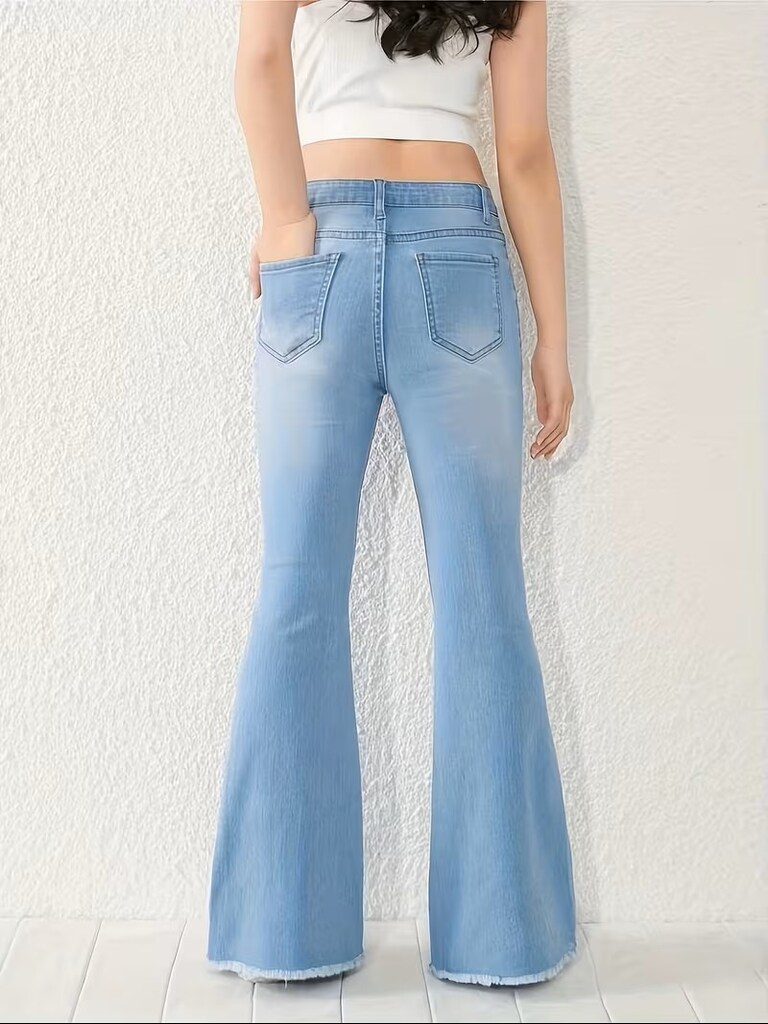 B060 Kızlar için Esnek Mavi Kot Pantolon Trend Yırtık Denim - 5