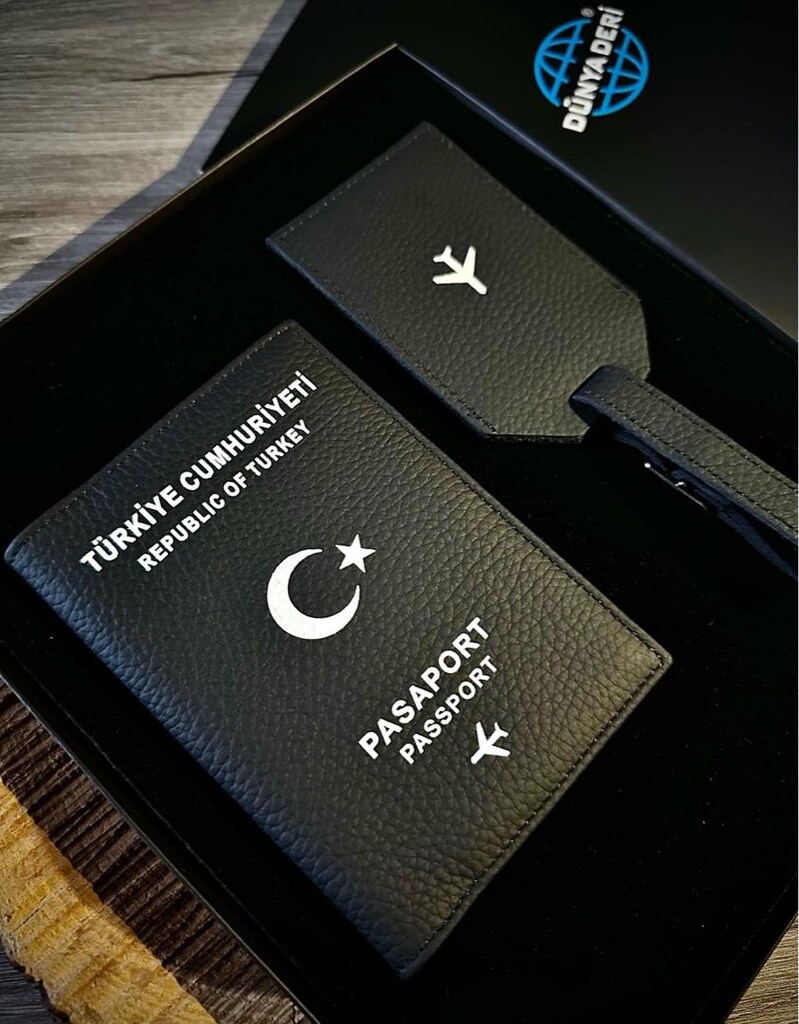 Deri Pasaport Kılıfı, Deri Pasaport Kabı Cüzdanı Bagaj Etiket 2’li Set - 4