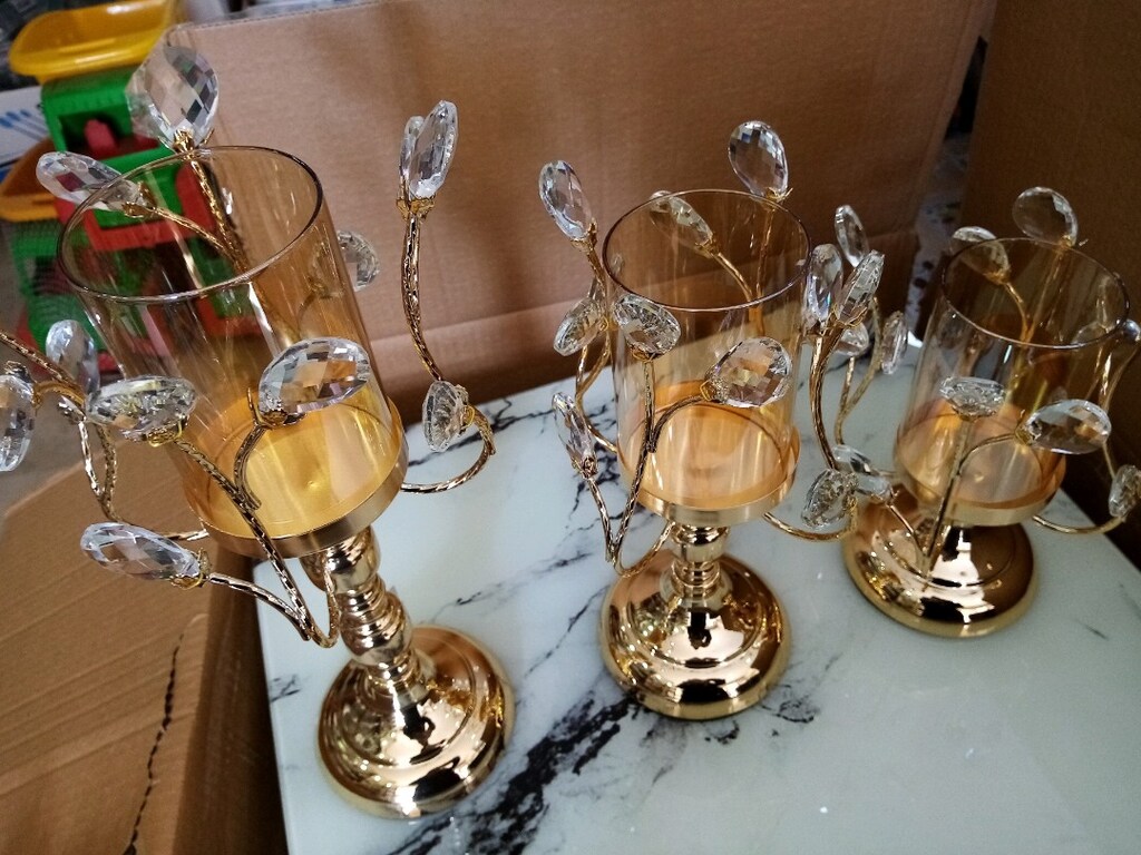 Gold 3 lü şamdan dekoratif taşlarla süslü - 2
