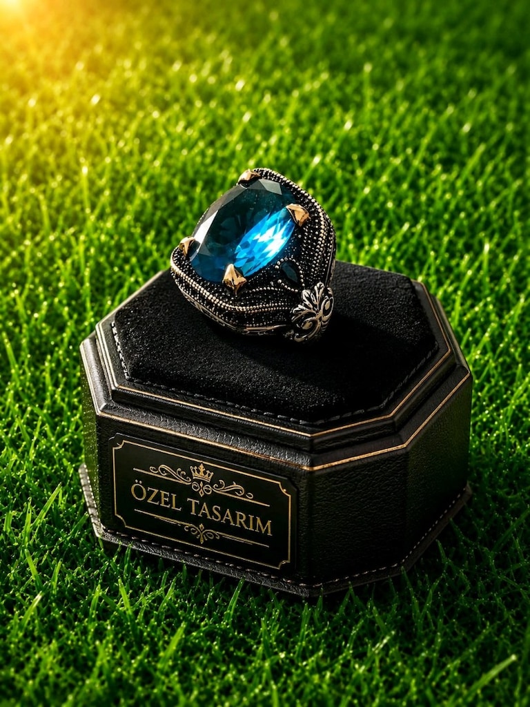 925 Ayar Aqua Marin Taşlı Gümüş Yüzük - 9