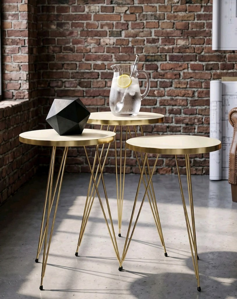 Gold Krem Model 3 lü Zigon Sehpa - 6