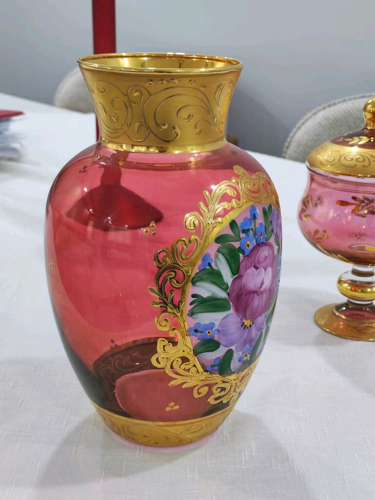 Kusursuz El Boyaması Vintage Bohem Kristal Set Vazo & Şekerlik - 6