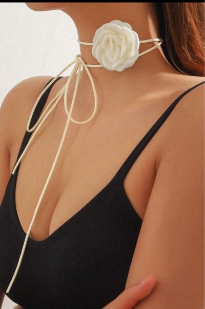 saten krem gül choker kolye