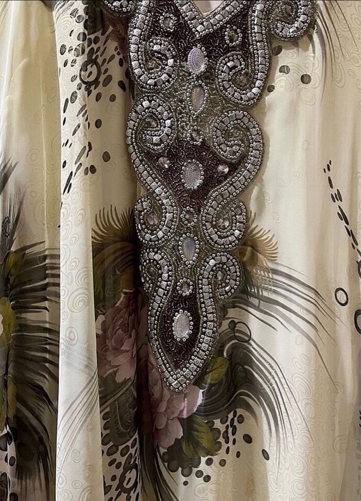 Ekru Taşlı Çiçekli Şifon Yarasa Kol Kaftan Abiye - 2