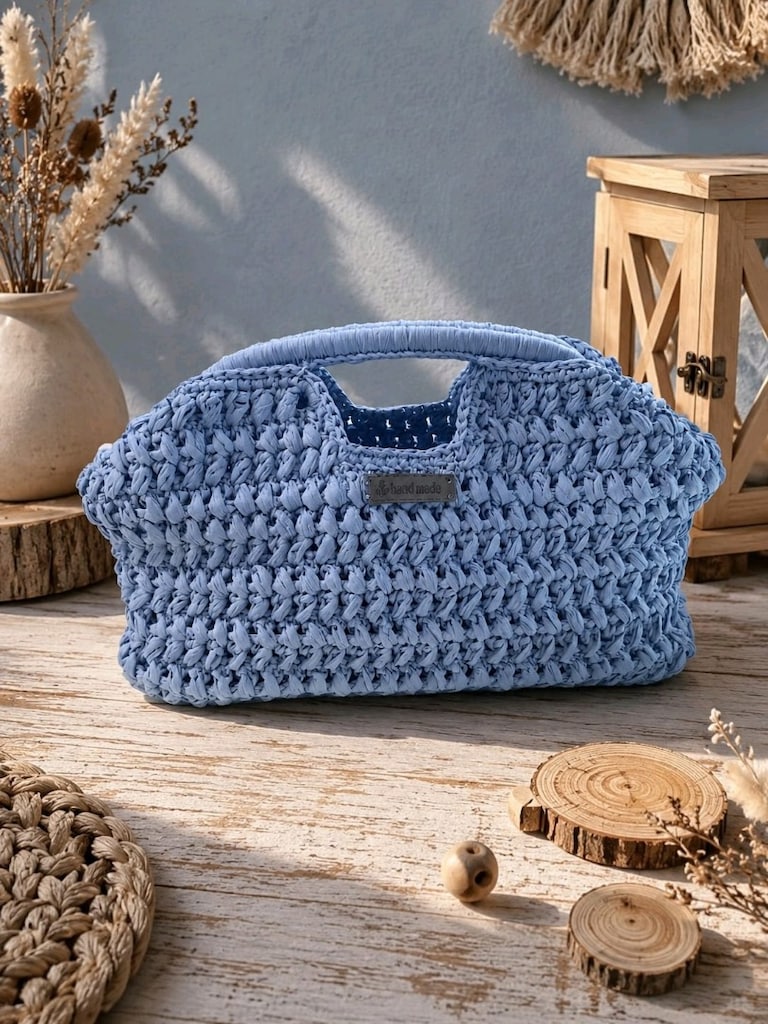El Örgüsü Burs Kapamalı Rafya İp Clutch Çanta