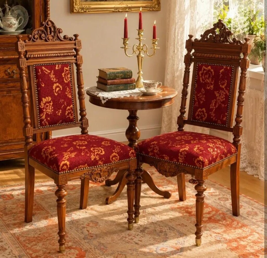 ÖZEL EL YAPIMI ANTİKA SANDALYE-DESENLİ KUMAŞLA DÖŞENMİŞ - 2