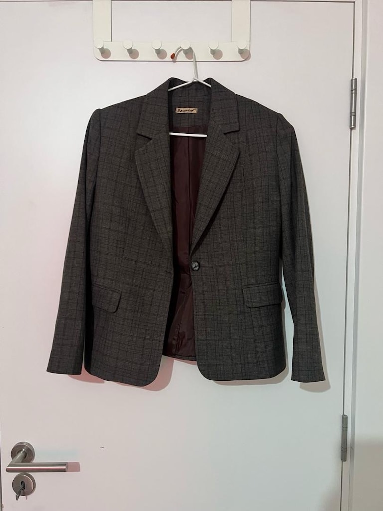 Gri Ekose Tek Düğmeli Blazer Ceket - 3