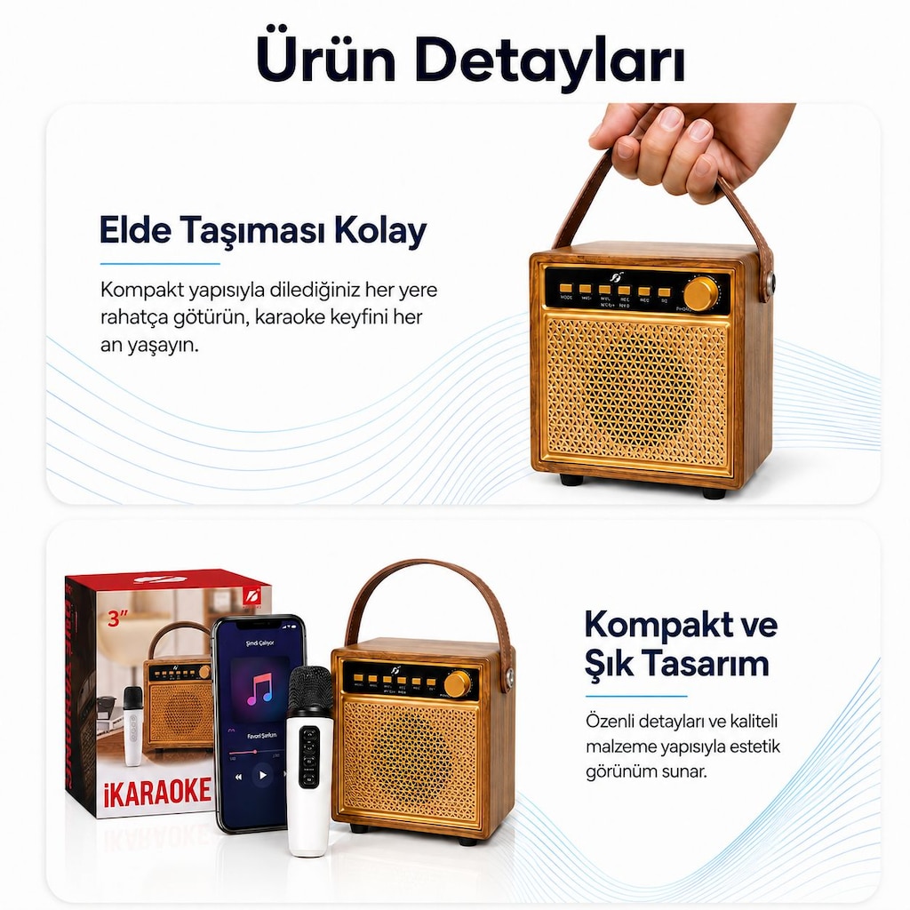 ULTRATEKNO KTS-1865 Ahşap Bluetooth Karaoke Hoparlör Kablosuz Mikrofon - 6