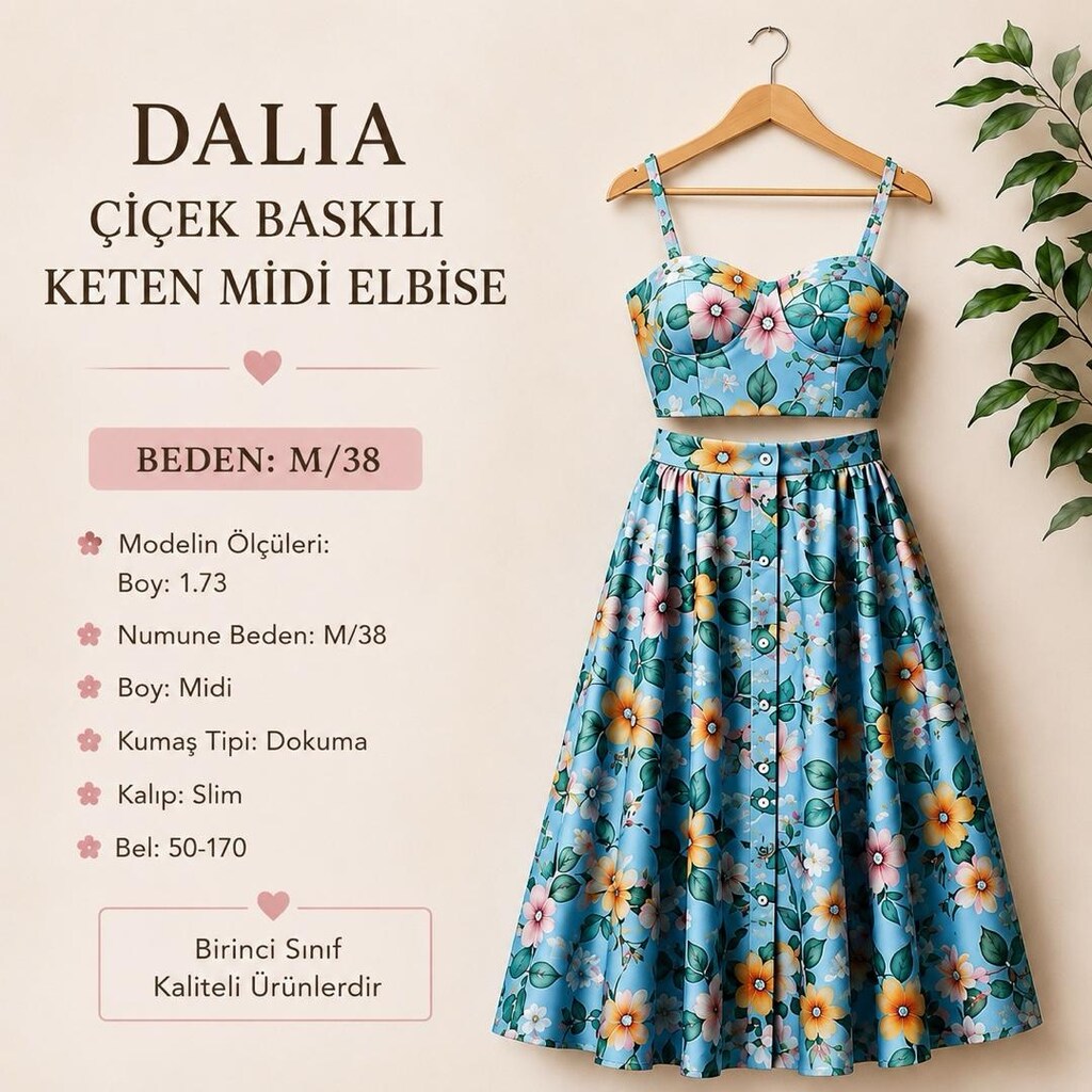 Dalia Çiçek Baskılı Keten Midi Elbise- Sıfır - 11