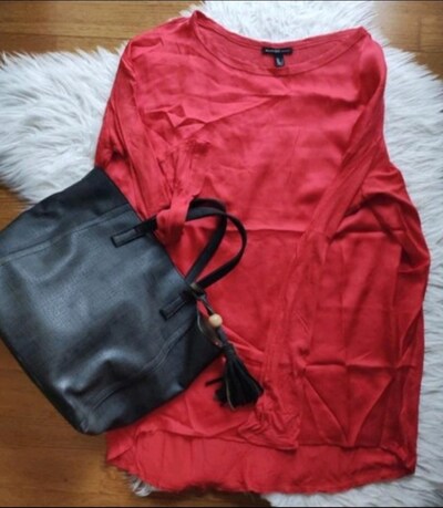 MANGO SATEN KIRMIZI BLUZ L ÇANTA HEDİYE yılbaşı vintage bol zara İpek