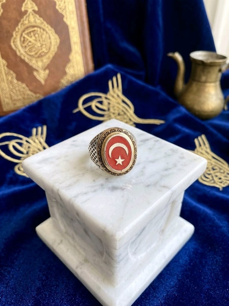 925 Ayar Gümüş Özel Tasarım Ay Yıldız Mineli Erkek Yüzük (15 Gr) - 2