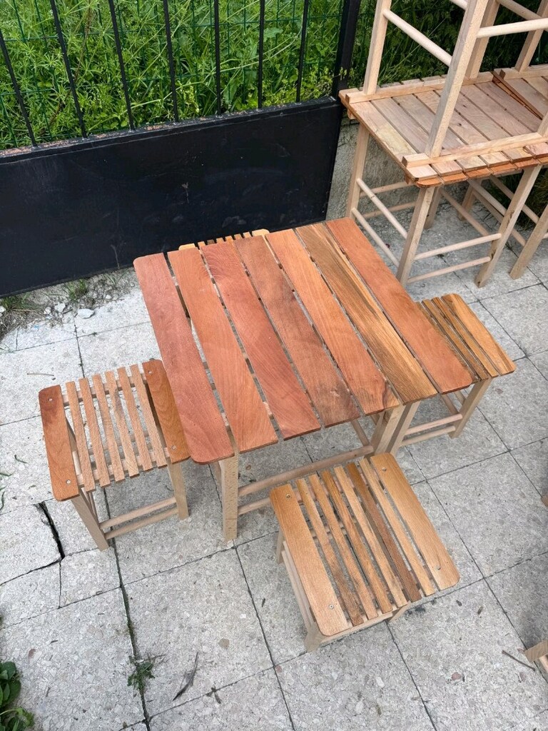 Ahşap gürgen Ağacından katlanır masa ve tabure takım vernikli - 9