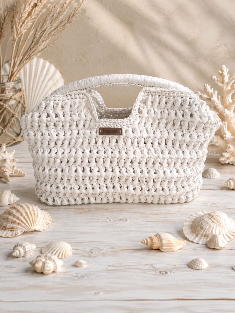 El Örgüsü Burs Kapamalı Rafya İp Clutch Çanta