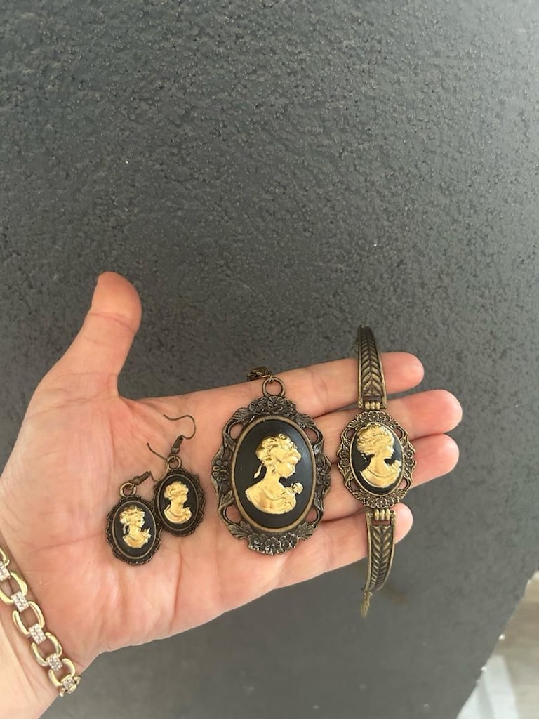 siyah altın Vintage Cameo takı seti - 7