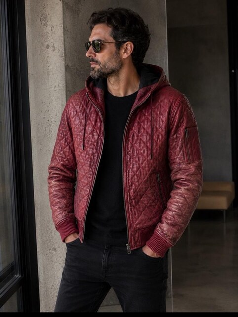 Dolce & Gabbana markalı, kapüşonlu bordo renkli bir deri monttur