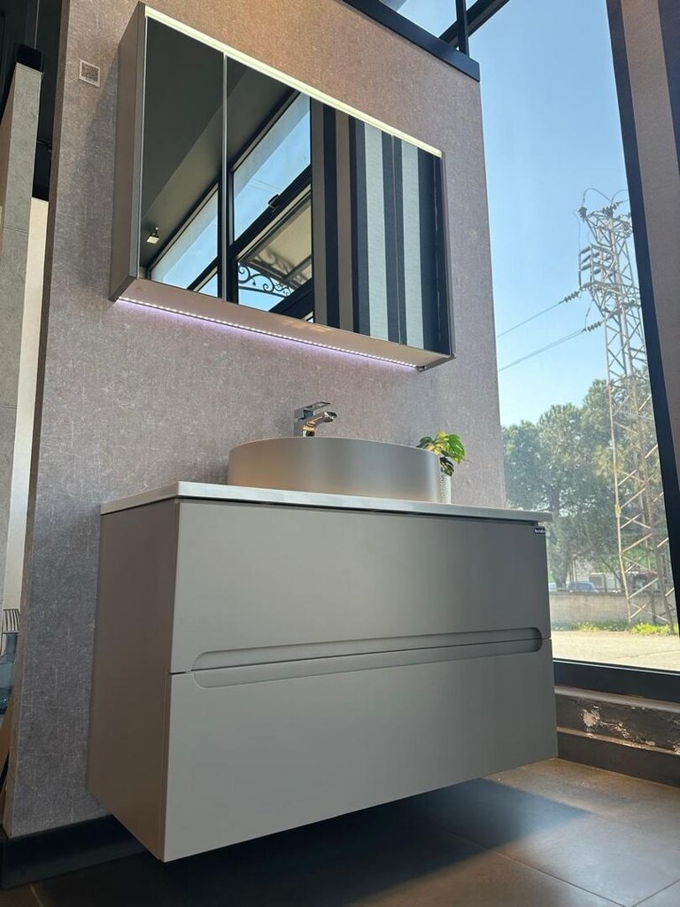 Smart 100 Çanaklı Kumsal Lake Banyo Mobilya Seti (Su Geçirmez Tezgah) - 5