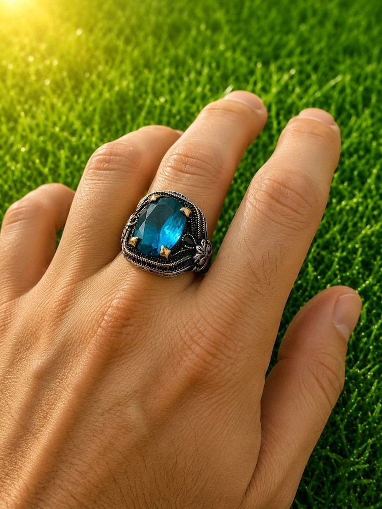 925 Ayar Aqua Marin Taşlı Gümüş Yüzük - 3