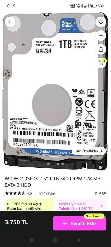 1 TB WD..SATA 3. 128MB ON BELLEK..( bilgisayar ve kamera sistemleri) - 2