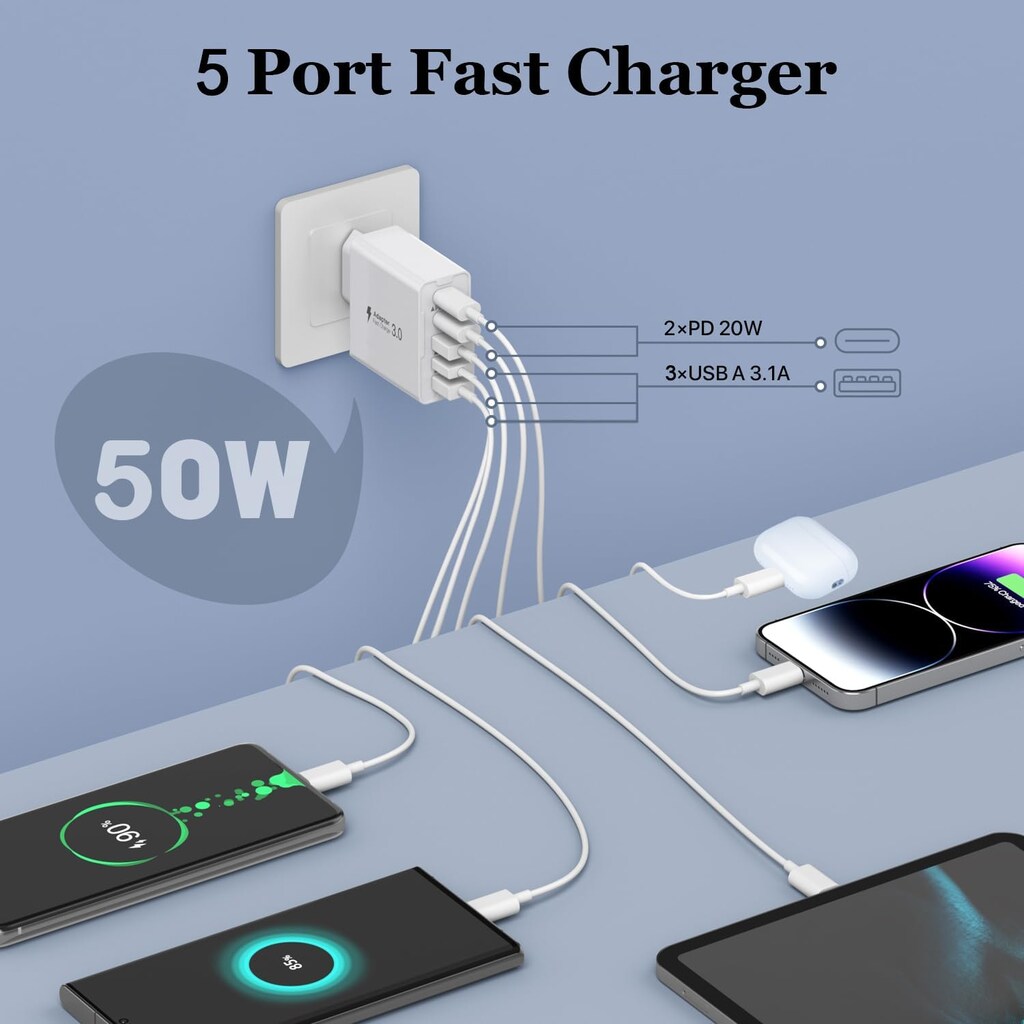 paket USB şarj cihazı, çoklu, 50 W cep telefonu şarj cihazı - 8