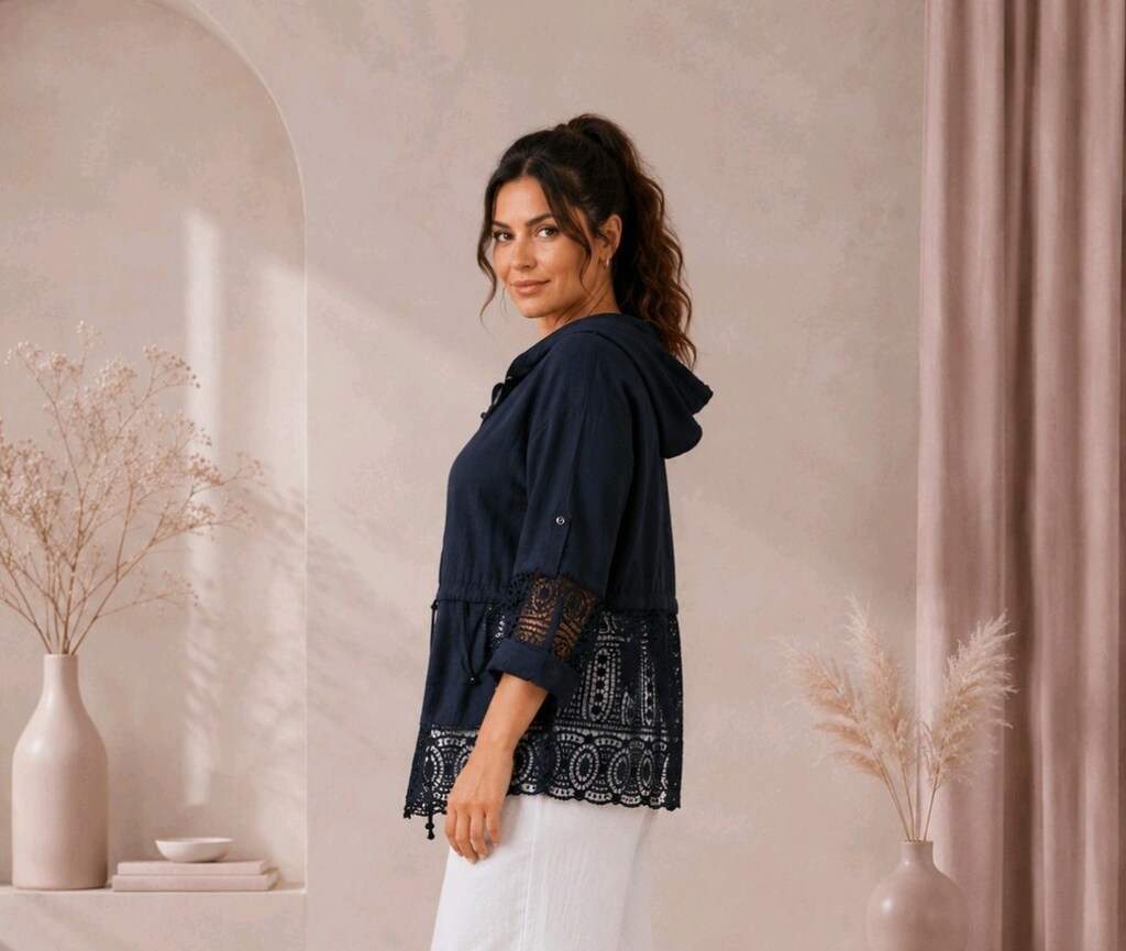 XL-2XL Lacivert Kapüşonlu Desenli Bohem Kadın Tunik - 2