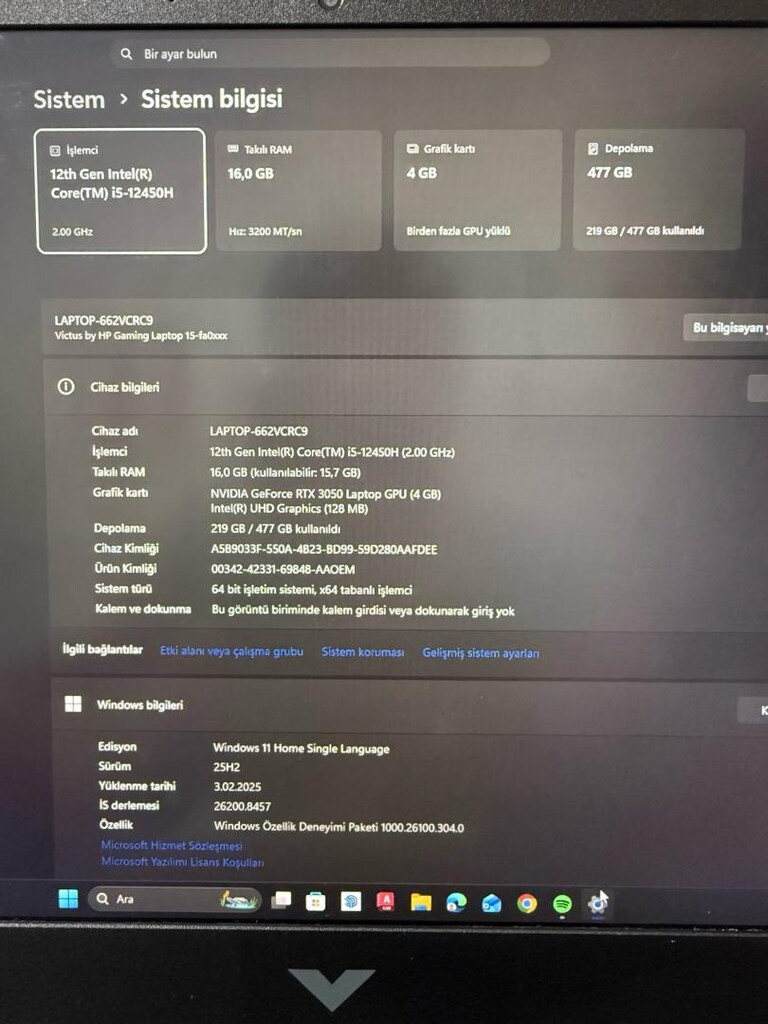 Hp Victus / i5-12450H / RTX 3050 / 16 GB Ram / 500 GB Ssd - 2