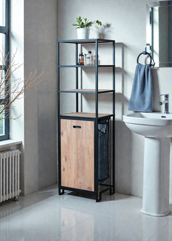 KİRLİ SEPETLİ BANYO DOLABI AHŞAP RAFLI METAL GÖVDELİ 4 RAFLI ORGANİZER - 2