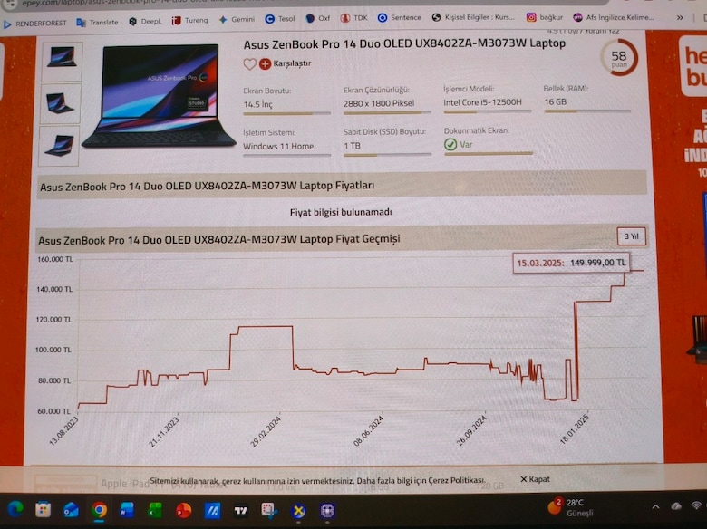 2.8K OLED / Asus Zenbook Pro 14 Duo OLED - Dokunmatik - Öğretmenden - 2