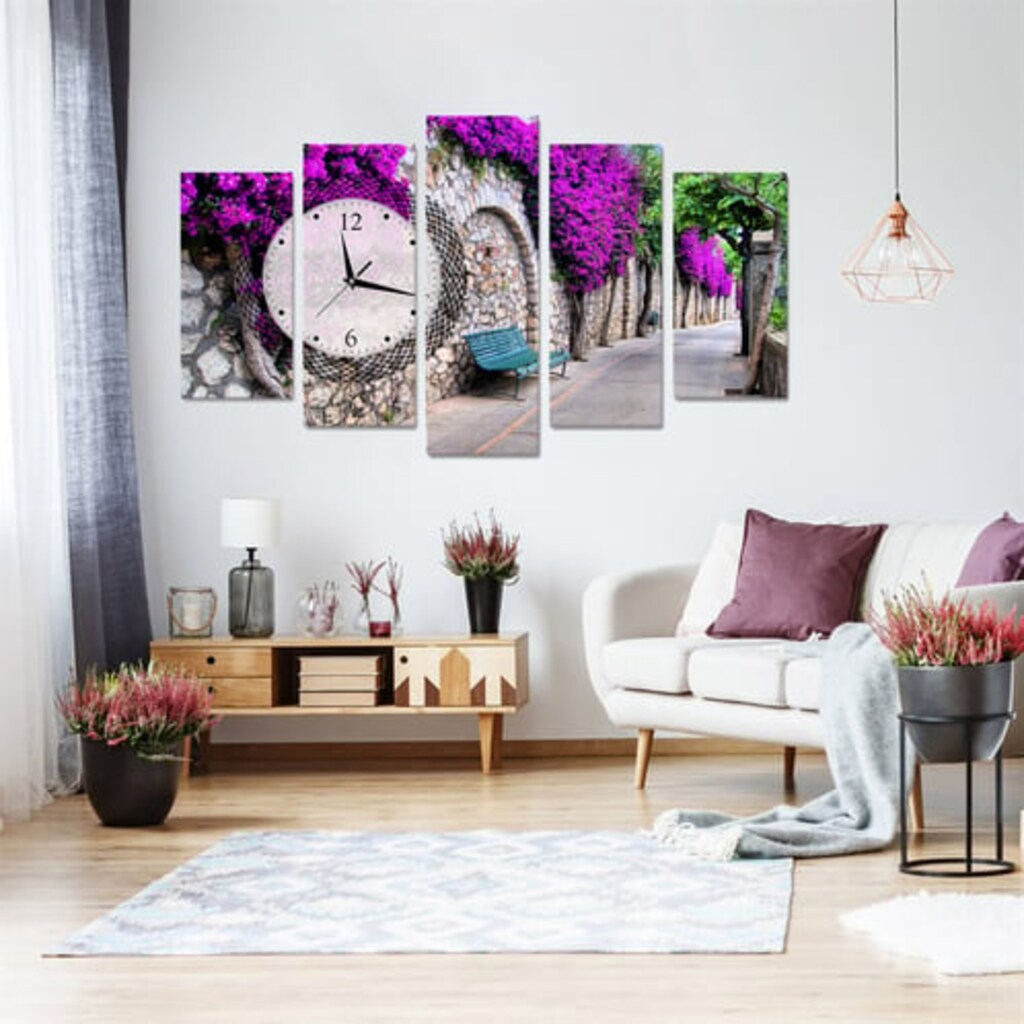 Mor Salkımlı Sokak Saatli 5 Parçalı Kanvas Tablo (60x100) - 2