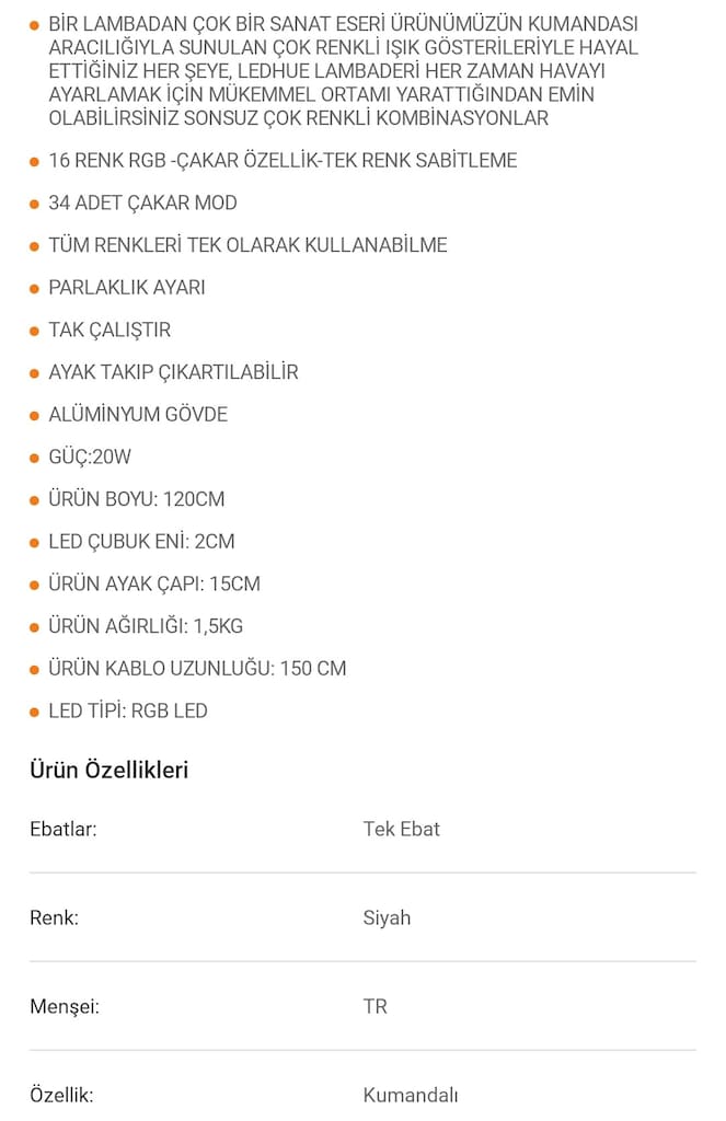 Deneme Amaçlı Açılmış Sıfır RGB Köşe Lambaderi - 120 cm - 3