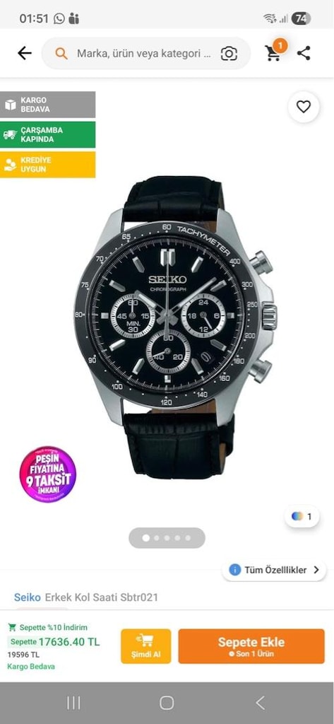 Seiko Chronograph Erkek Kol Saati -SIFIR SBTR021