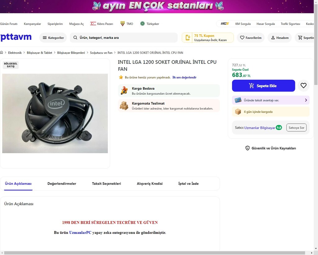 Orjinal İntel LGA 1200 İşlemci Fanı - 8