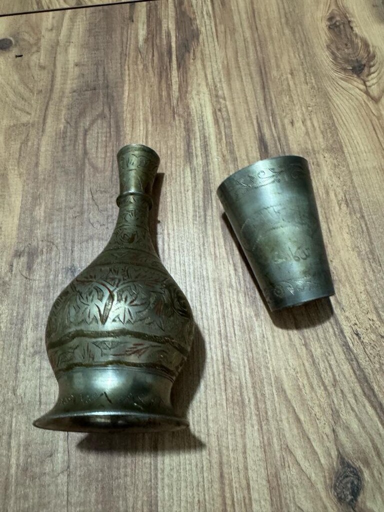 Antika İşlemeli Metal Sürahi ve Bardak Seti - 4