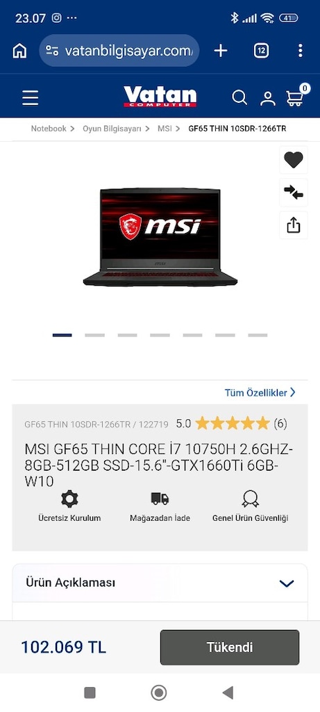 MSI GF75 CORE İ7 10750H 2.6GHZ-16GB RAM-512GB SSD-17.3''-GTX1660Ti 6GB - 13