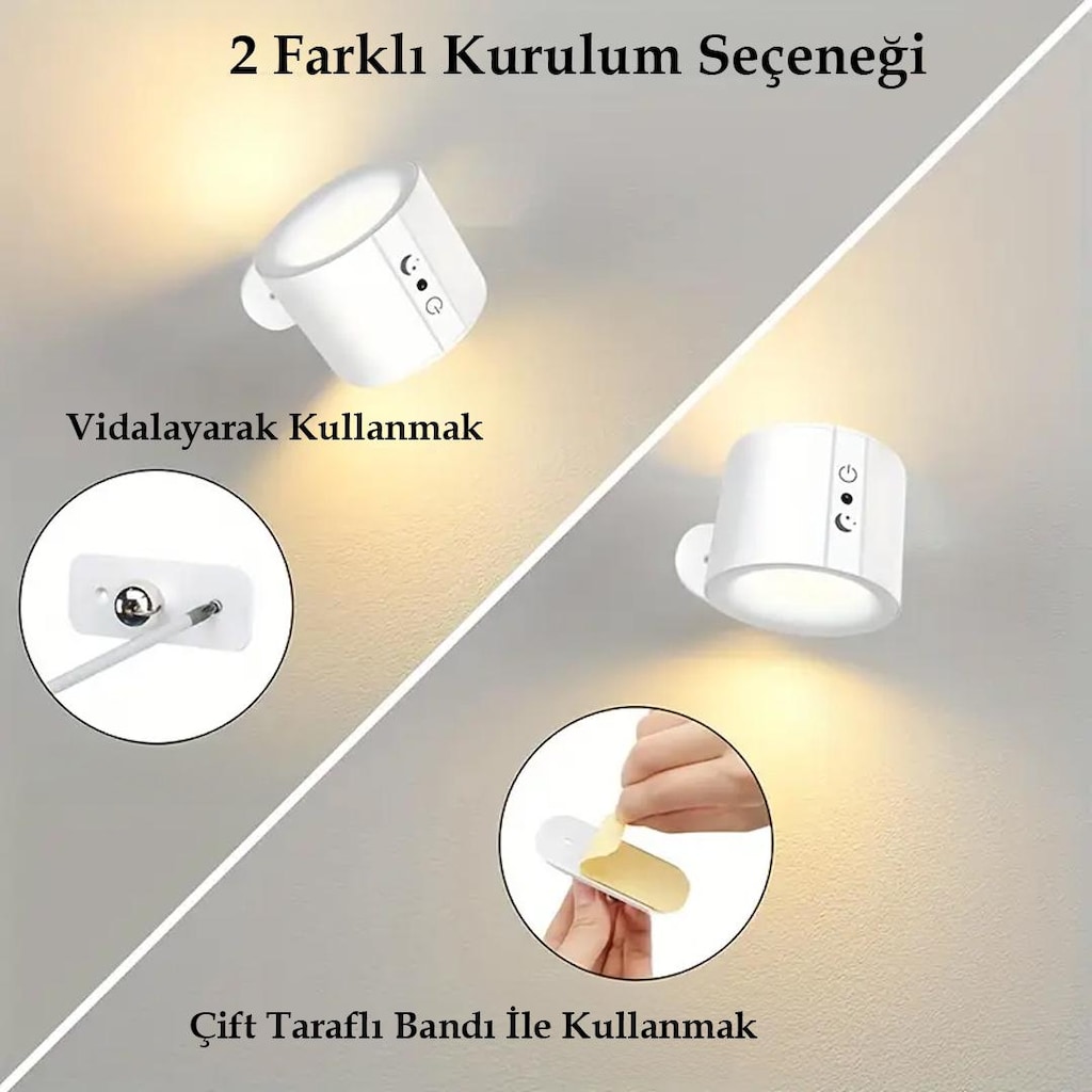 ŞARJLI DUVAR APLİK ÇALIŞMA LAMBASI 3000K-4000K-6500K(SİYAH RENK) - 4
