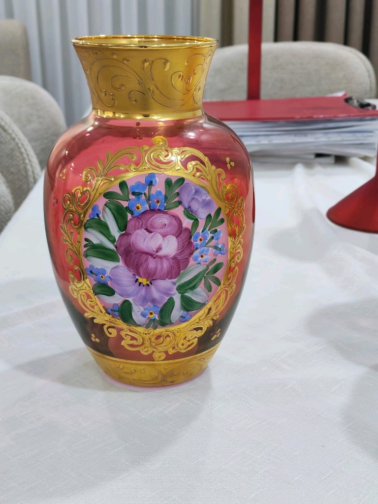 Kusursuz El Boyaması Vintage Bohem Kristal Set Vazo & Şekerlik - 3