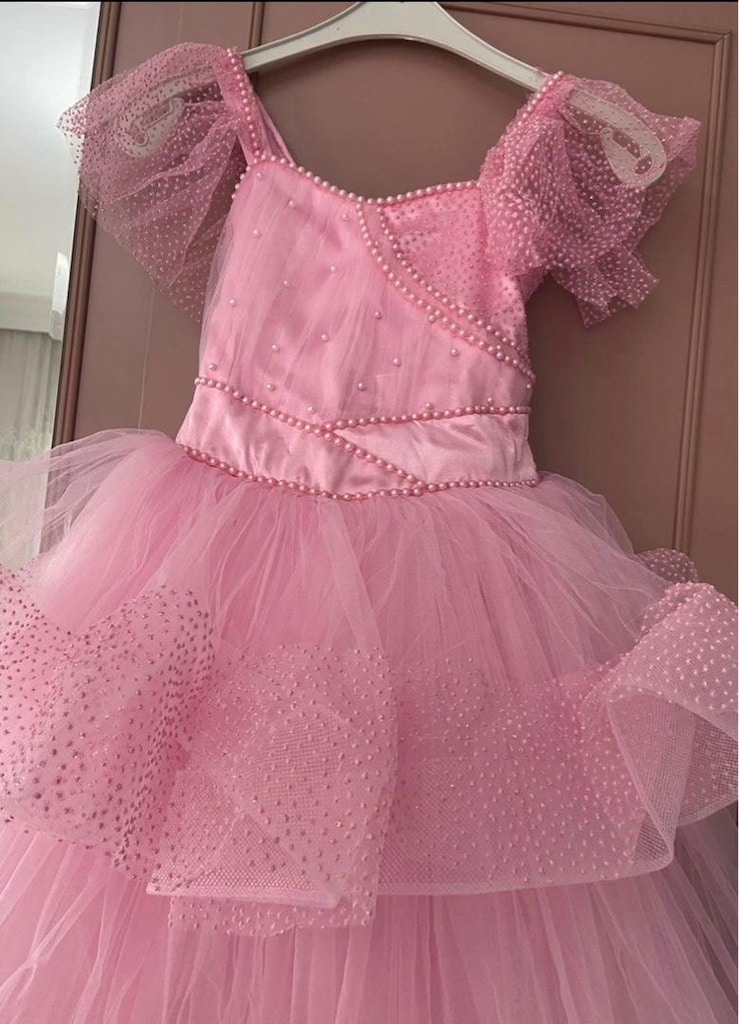 pembe kat kat tüllü kız çocuk abiye elbise - 8