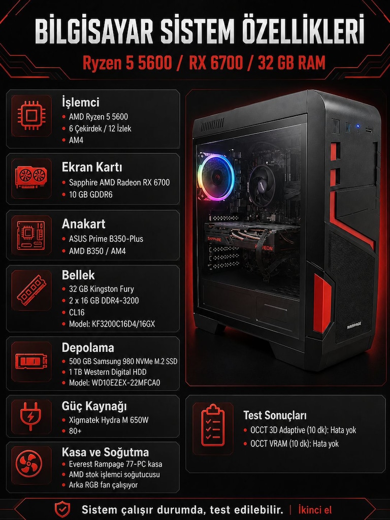 Ryzen 5 5600 - RX 6700 10GB - 32GB RAM - 500GB NVMe + 1TB HDD - 2