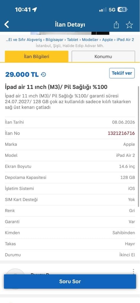 ipad air 11 ınch(m3) pil sağlığı %100