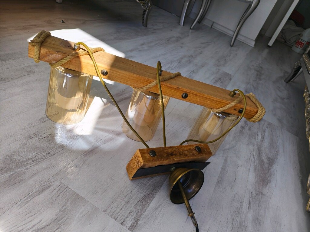 ahşap halat ip sargılı 3 lu avize - 3