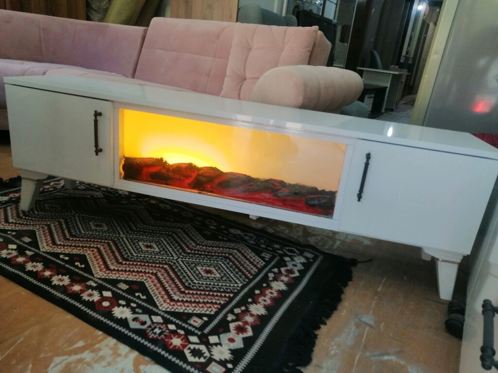 TV ünitesi şömineli çift kapaklı beyaz renk - 7