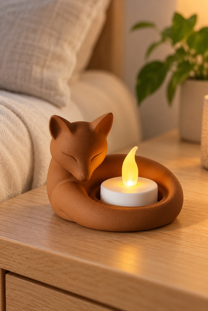 Kahverengi Uyuyan Tilki Figürlü Dekoratif Mumluk - Pilli LED Tealight - 5