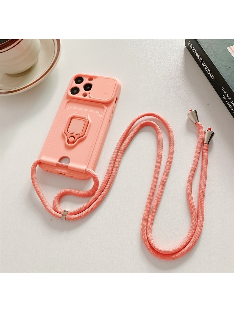 iPhone 14 Kılıf İIpli, Lens Sürgülü, Yüzüklü, Kartvizitli (Pembe) - 2