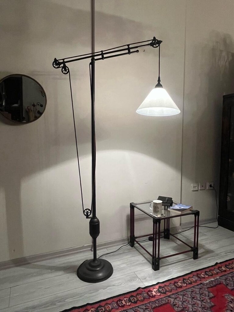 Asansörlü Opal Camlı Bronz Lambader - 11