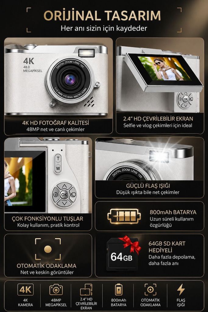 4K Dijital Fotoğraf Makinesi 48MP Flip Ekranlı 8X Zoom Flaşlı - 9