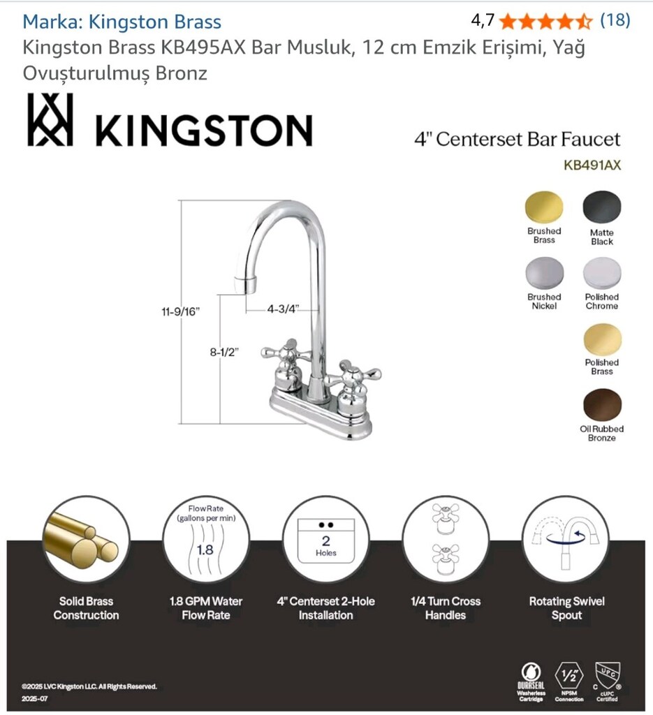 Kingston Brass KB495AX Bar Musluk Yağ Ovuşturulmuş Bronz Sıfır - 2