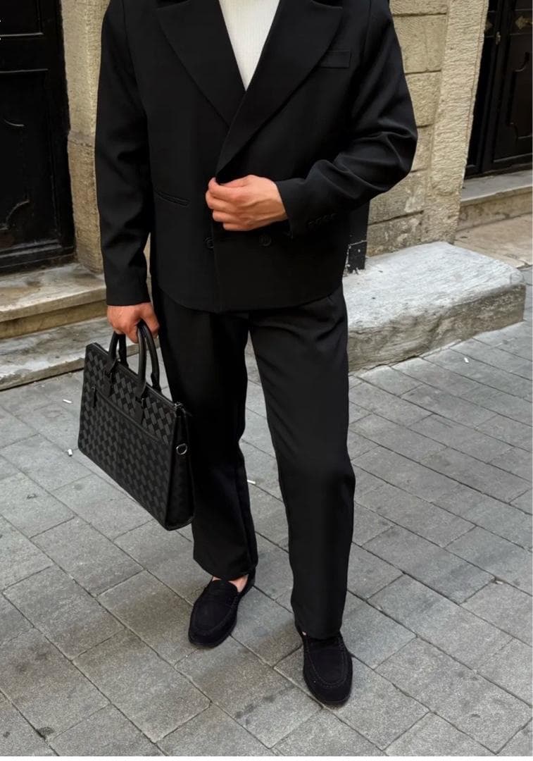 Xramburada Premium Kruvaze Boxy Ceket Baggy Pileli Pantolon Siyah Erke - 3