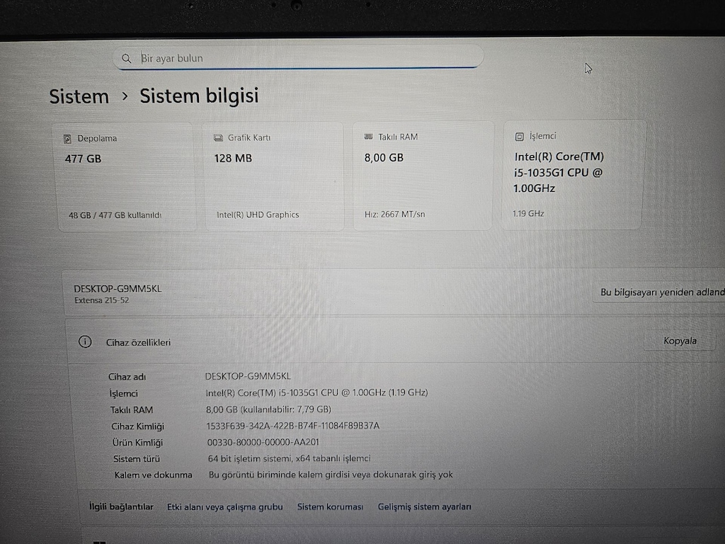 ACER İ5 10.NESİL + 8 GB RAM + 500 GB SSD + BATARYA SAĞLAM - 7