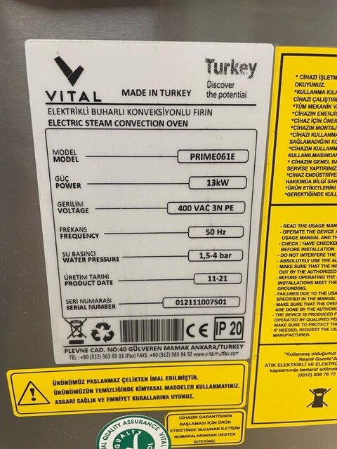 Vital Prime 061E, Konveksiyonel Elektrikli Fırın, 6 GN 1/1