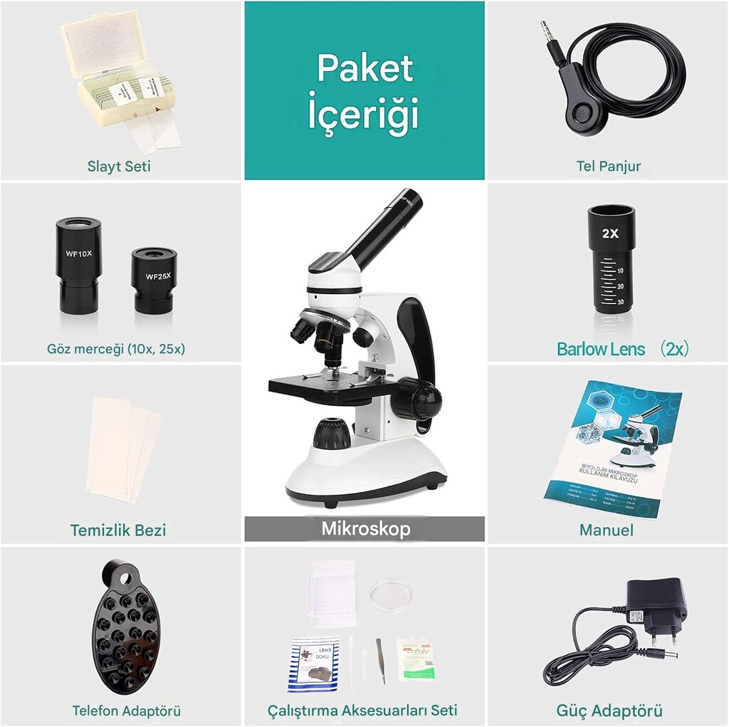Hutact Monoküler 2000x Metal Gövde Mikroskop Hazır 130 Preparat Kit - 4